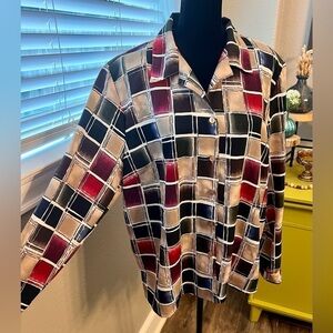 DonnKenny Classics size‎ L graphic print women's 80s blouse. Navy, red & tan